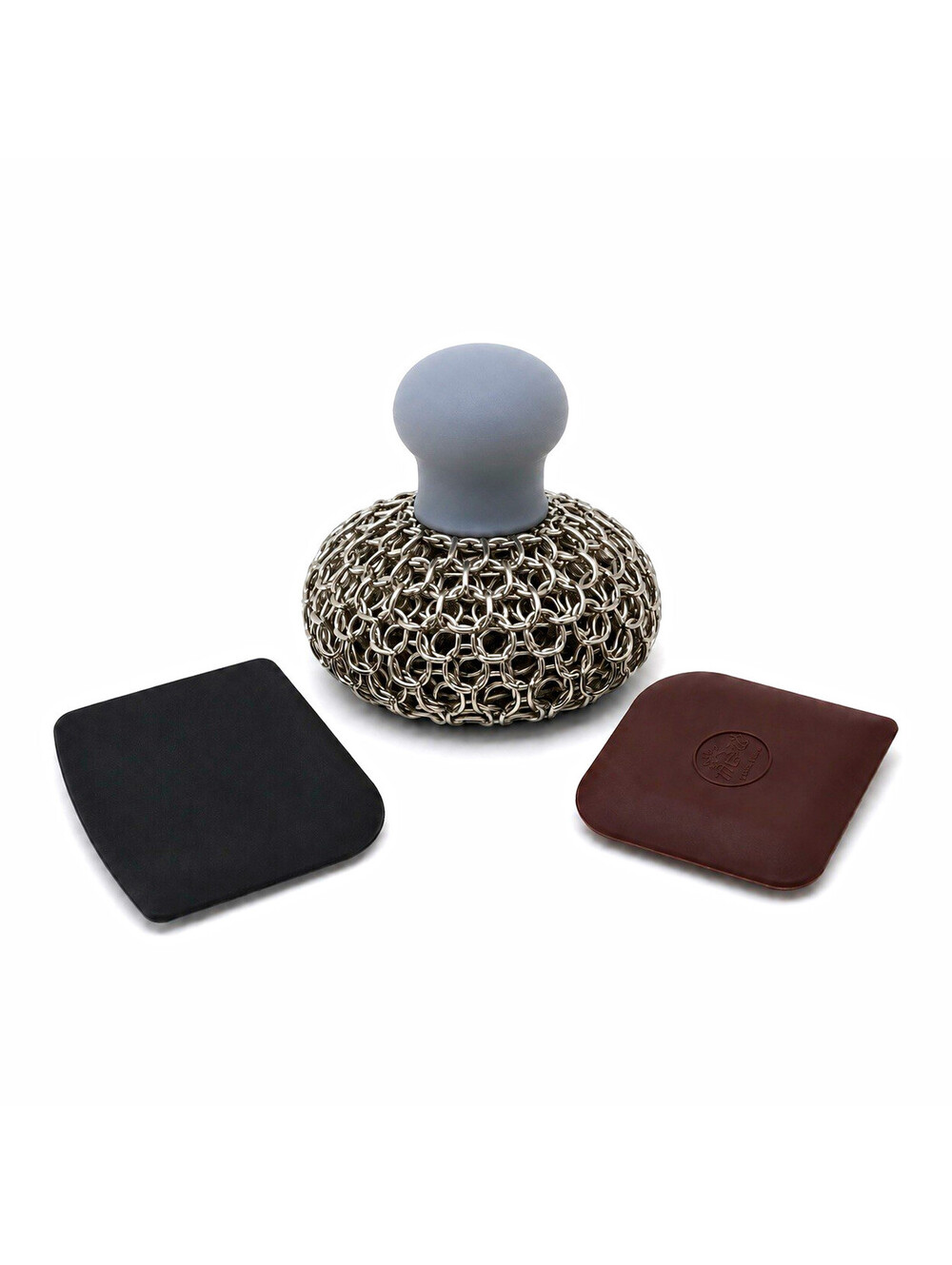 Cast Iron Chainmail Scrubber with Gray Handle & 2 Pan Scrapers